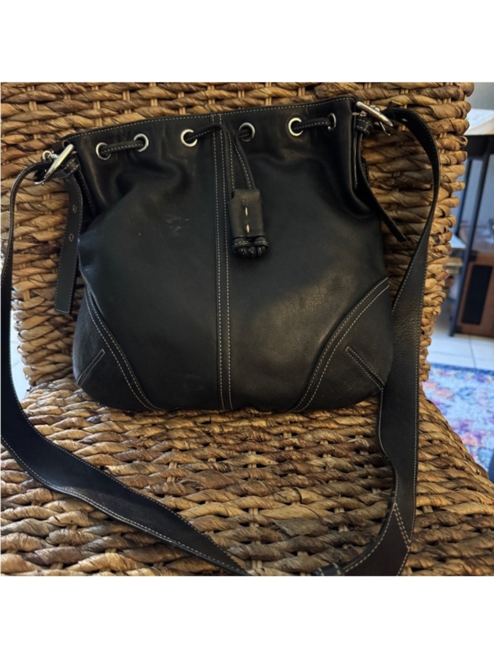 Coach Black Leather Drawstring Crossbody Bag